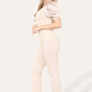 Silky Satin Puff Sleeves Ribbed Lounge Set