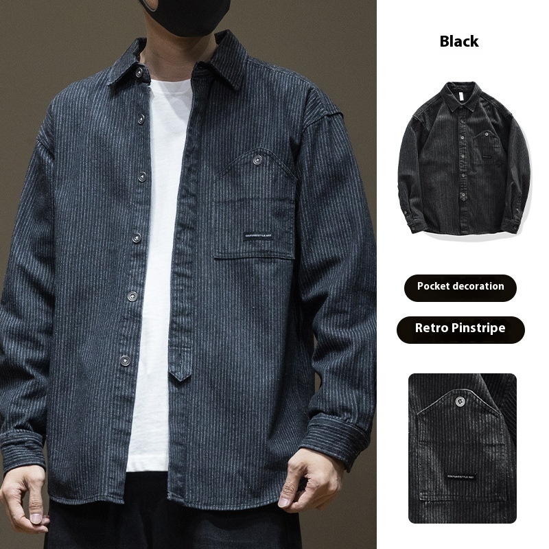 Japanese Style Stripe Denim Men's Long Sleeve Shirt - Image 7