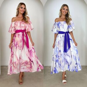 European American Summer New Temperament Shoulder Waist Puff Sleeve Printed Large Swing Dress