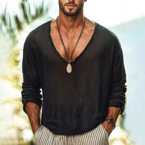 Men's Solid Color Loose Thin Breathable Lightweight V-neck Casual Long Sleeve T-shirt