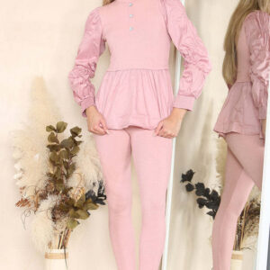 Long Ruched Sleeves Ribbed Peplum Diamond Buttons Frilled Hem Lounge Wear Co-Ord Set