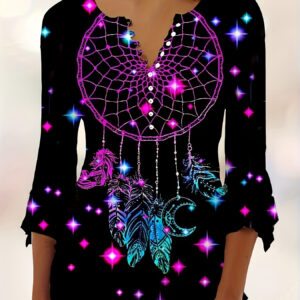 Spring And Autumn New Printed Spike Button Irregular Three-quarter Sleeve T-shirt Casual Top