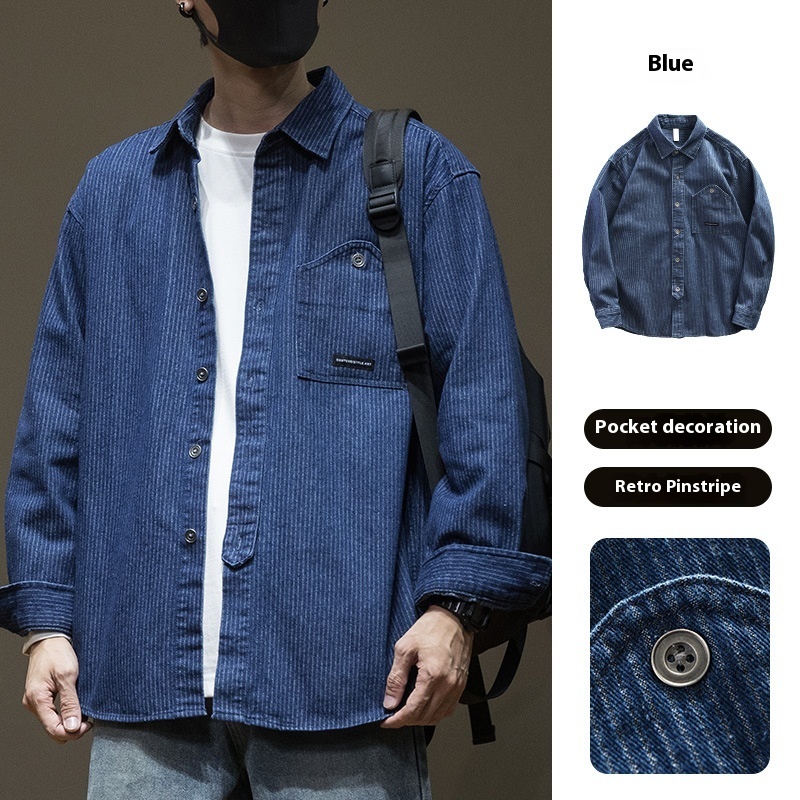Japanese Style Stripe Denim Men's Long Sleeve Shirt - Image 6