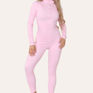 Ribbed High Neck Zipper Collar Jumpsuit Front Unitard Set