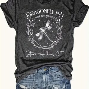 Dragonfly Minimalist Letter Pattern Printed Plus Size T-shirt, Casual Round Neck Summer Short Sleeved Women's Top