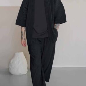 Men's Black Pleated Kimono - Style Jacket And Pants Set