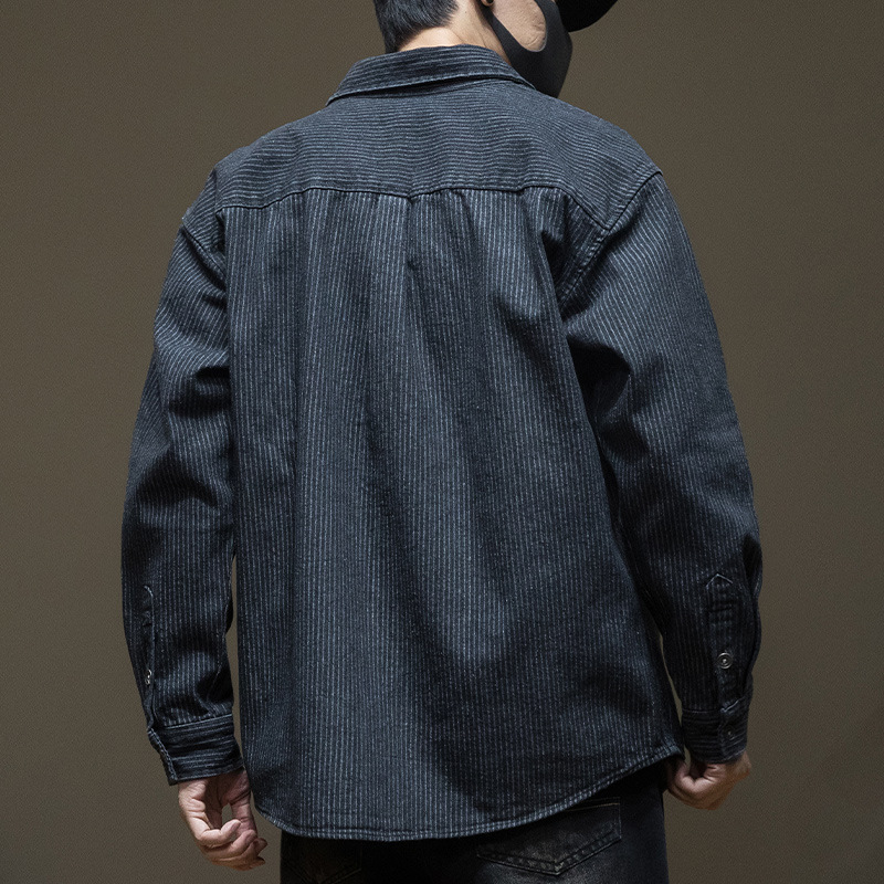Japanese Style Stripe Denim Men's Long Sleeve Shirt - Image 3