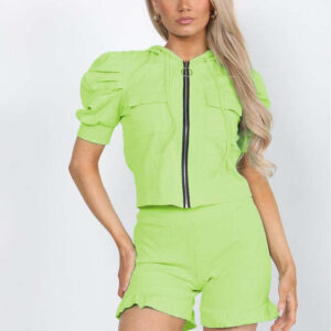 Front Pocket Zip Up Suit Ribbed Hooded Lounge Wear Short Set