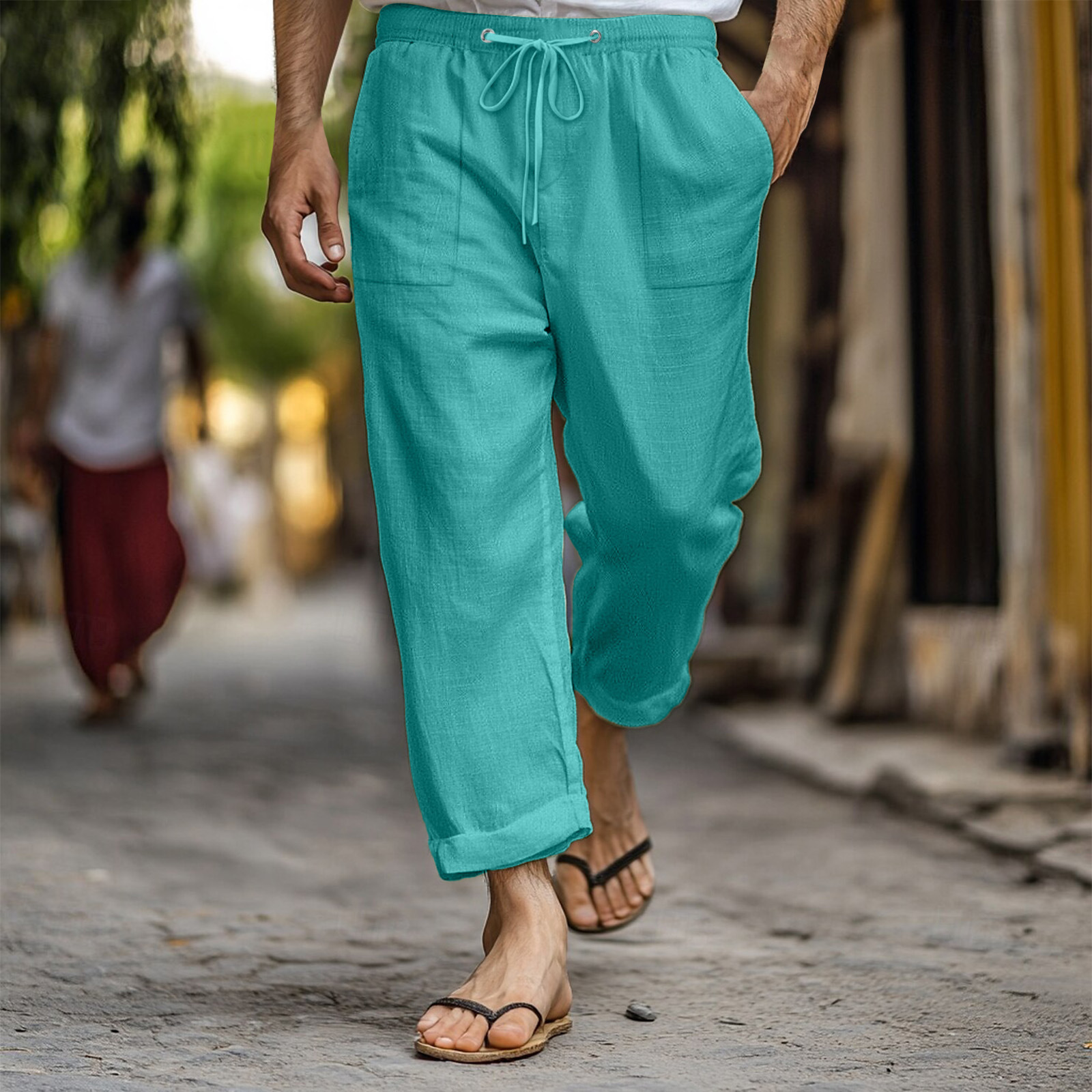 Men's Casual Summer Elastic Waist Drawstring Multi-pocket Cotton And Linen Trousers - Image 4