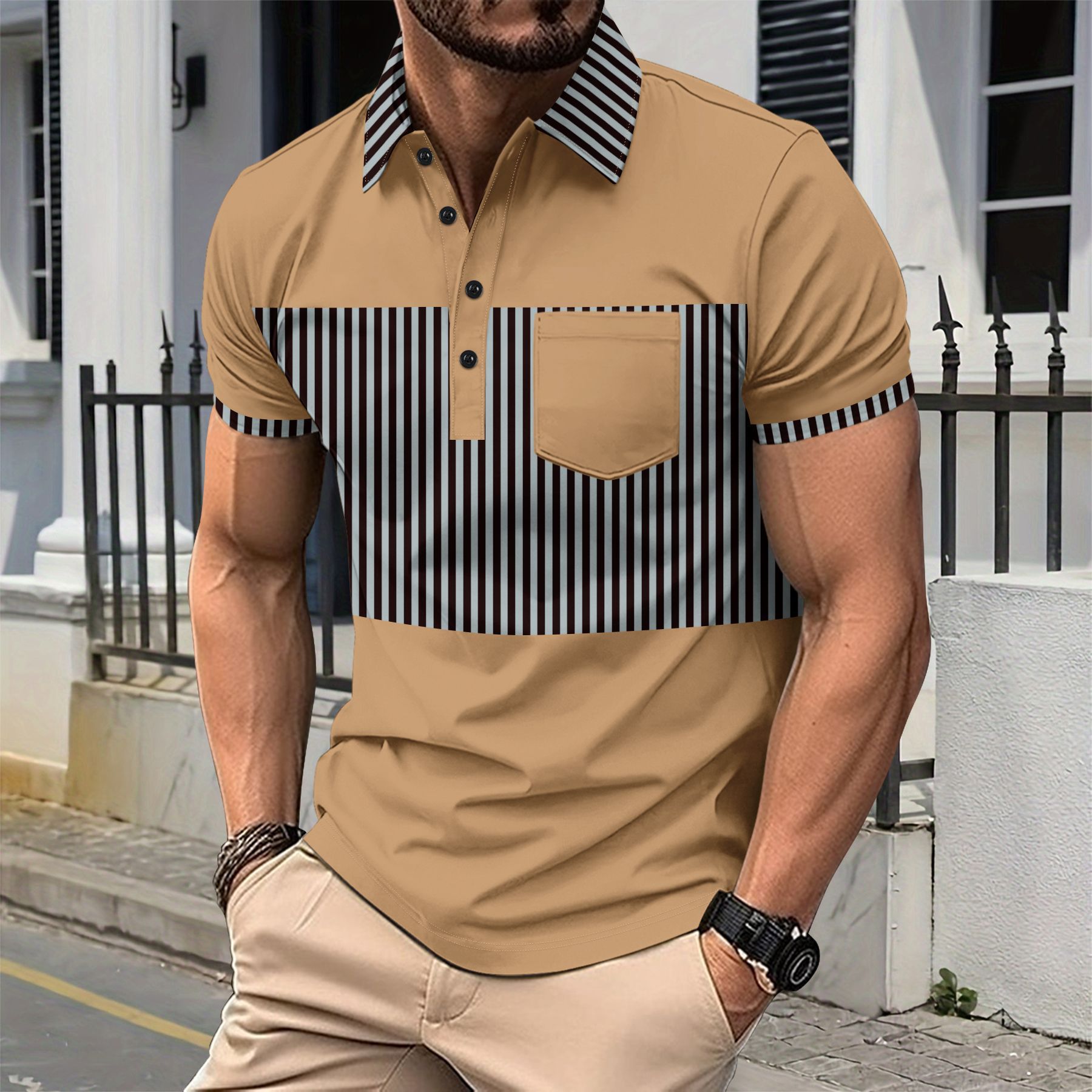 Men's Casual Placket Polo Collar Stripes Color Matching Stitching T-shirt - Image 5