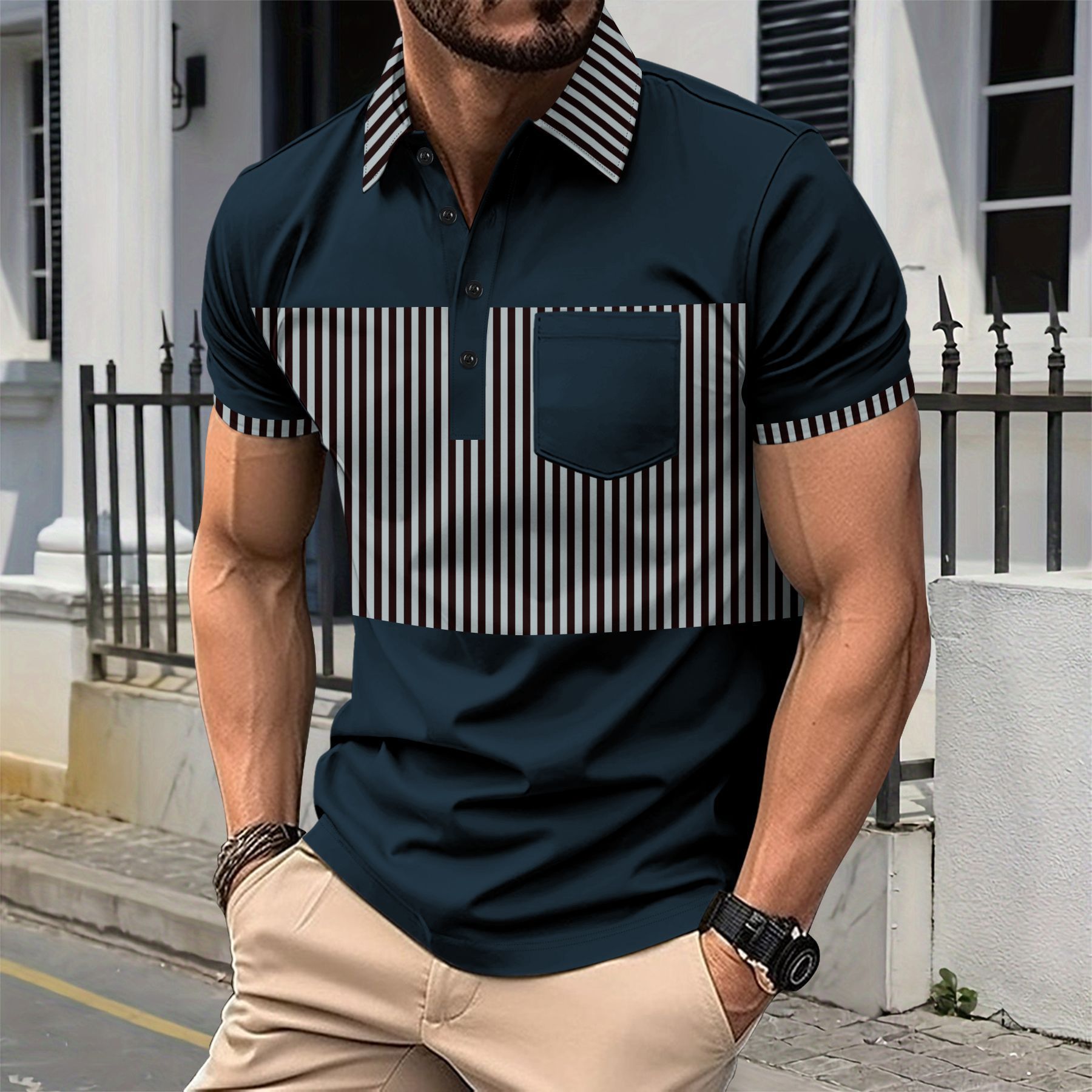 Men's Casual Placket Polo Collar Stripes Color Matching Stitching T-shirt - Image 7