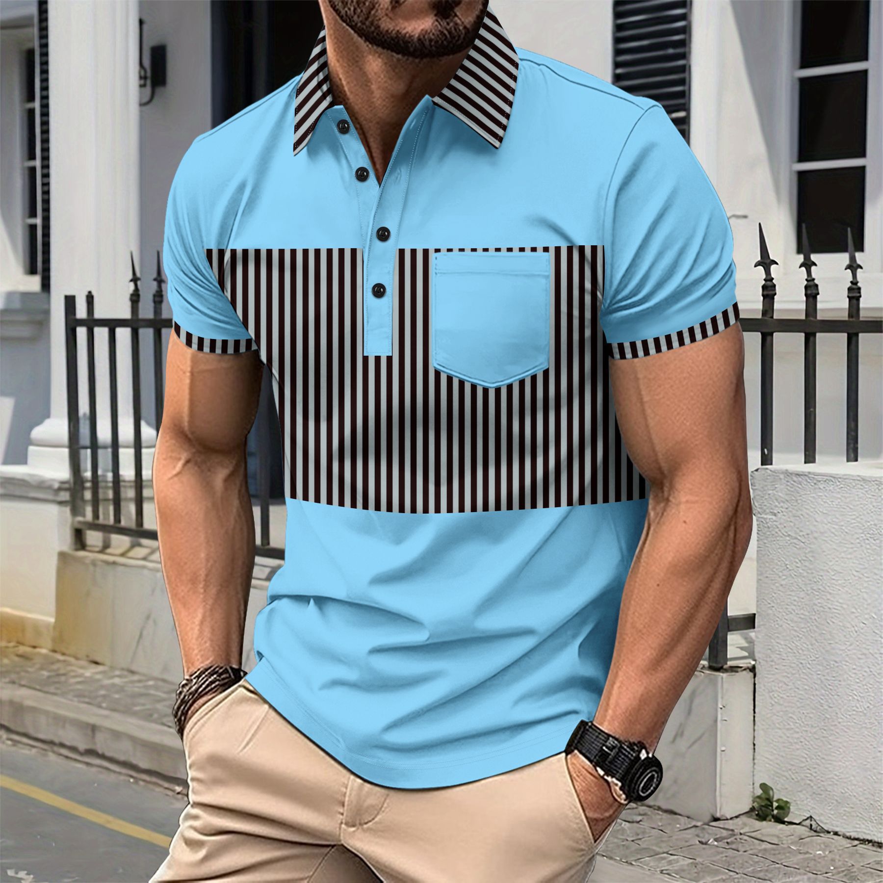 Men's Casual Placket Polo Collar Stripes Color Matching Stitching T-shirt - Image 8