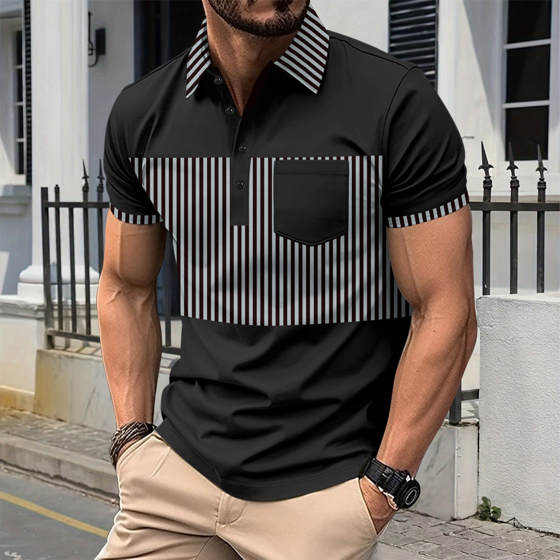 Men's Casual Placket Polo Collar Stripes Color Matching Stitching T-shirt - Image 2