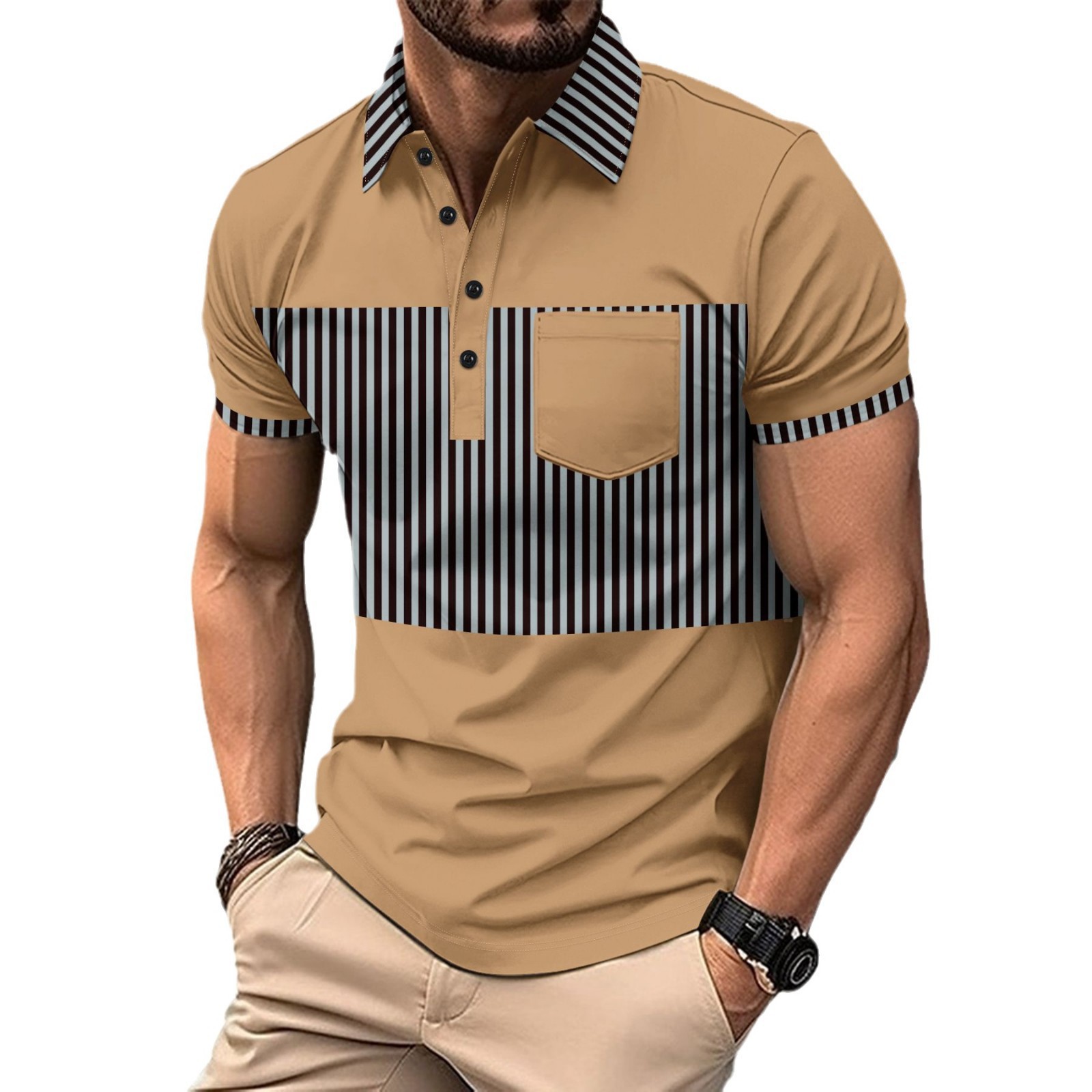 Men's Casual Placket Polo Collar Stripes Color Matching Stitching T-shirt - Image 6