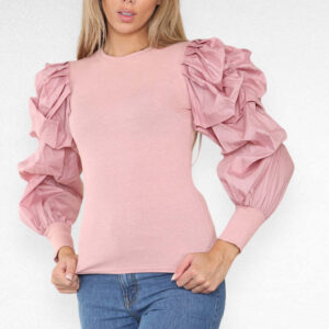 Oversized Puff Sleeves Ribbed Top