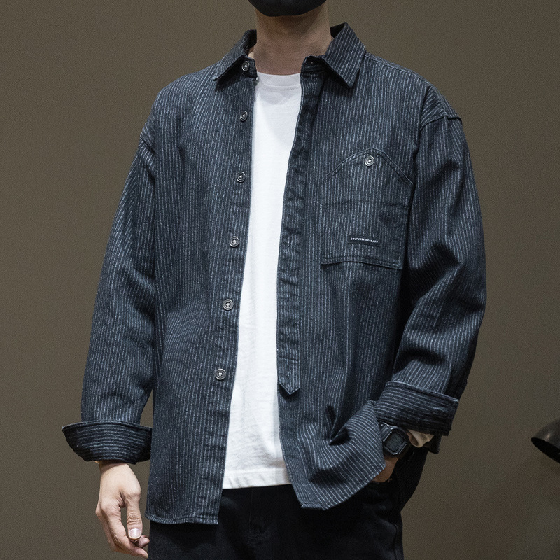 Japanese Style Stripe Denim Men's Long Sleeve Shirt - Image 4