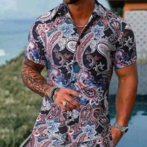 Men's New Polo Collar 3D Printed Casual Slim Fit Shirt Shorts Suit