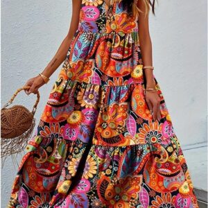 Bohemian Plus Size Dresses Loose Round Neck Ruffle Big Swing Print Spring Summer Casual Sleeveless Hem