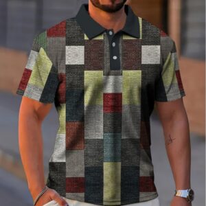 Men's Button Polo Shirt Plaid Lapel Printed Short Sleeve