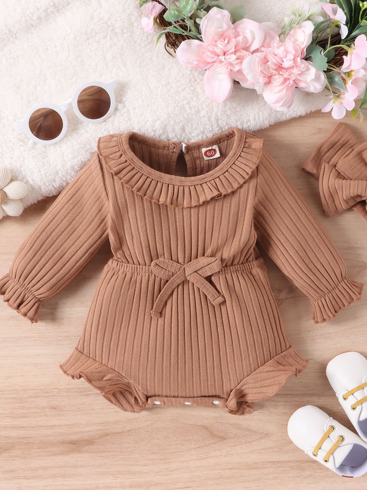 New Children's Clothing Baby Long Sleeve Sunken Stripe Romper Headscarf Female Baby Autumn And Winter Jumpsuit - Image 3